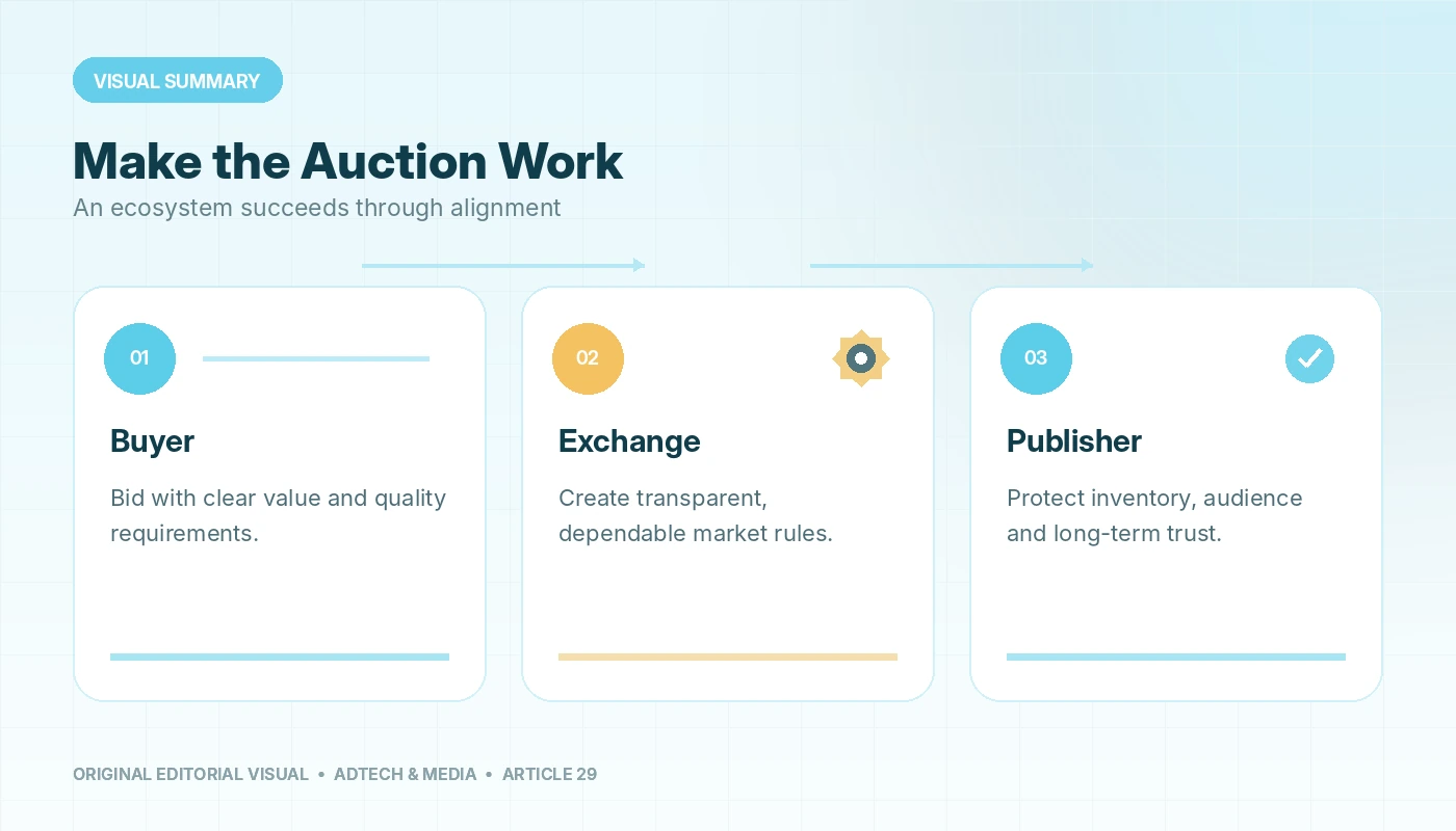 Visual summary of The RTB Ecosystem and How to Make It a Success, connecting buyer, exchange, publisher.