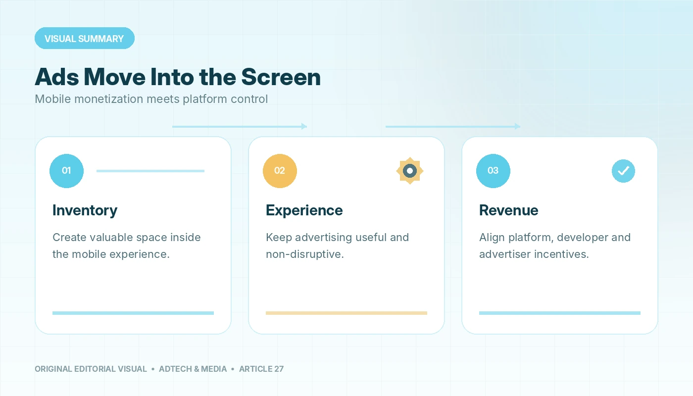 Visual summary of The Rise of iAd: Apple's Ad Monetization Platform, connecting inventory, experience, revenue.