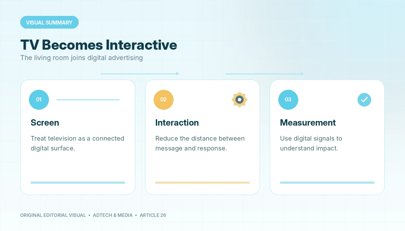 Visual summary of Apple TV Will Change the Way People Think of Digital Advertising, connecting screen, interaction, measurement.