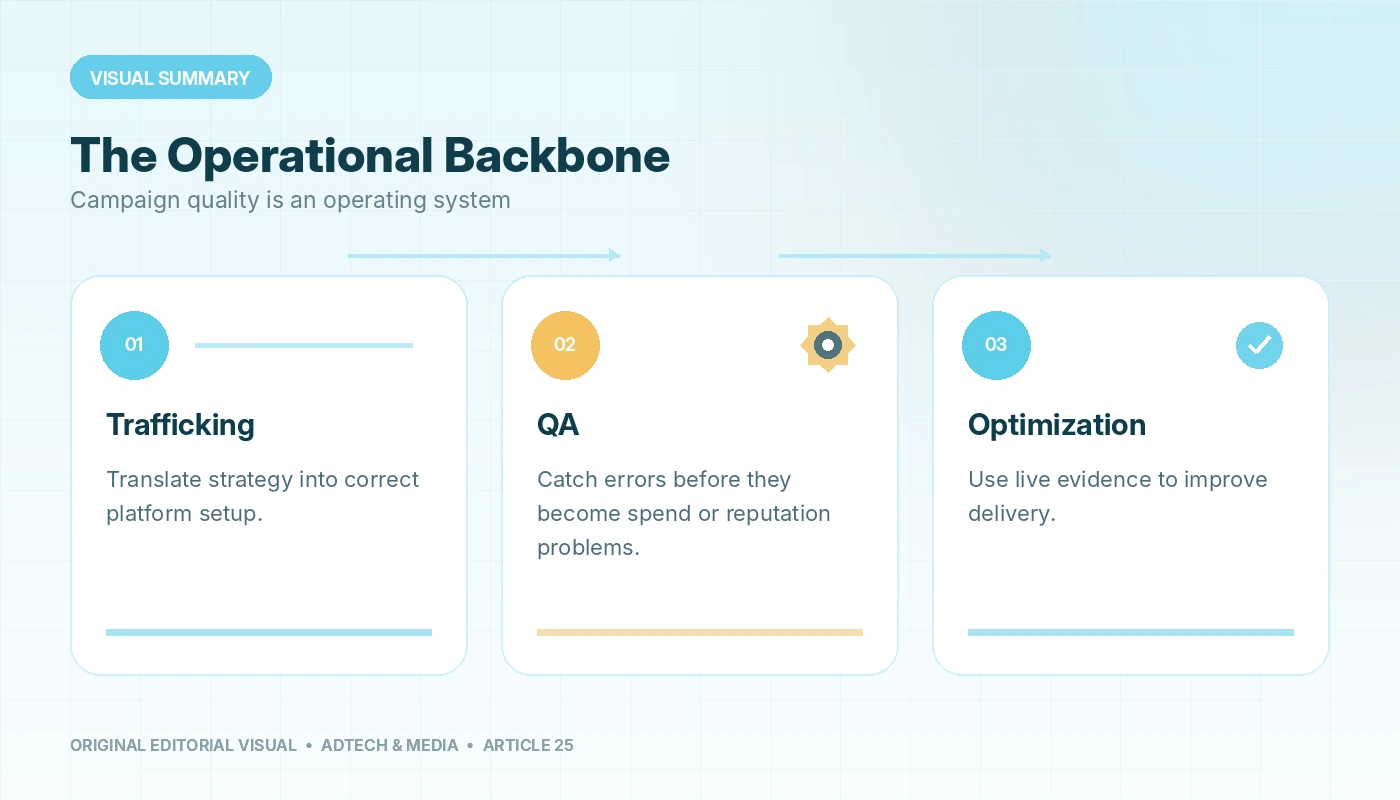Visual summary of Digital Advertising Operations, connecting trafficking, qa, optimization.