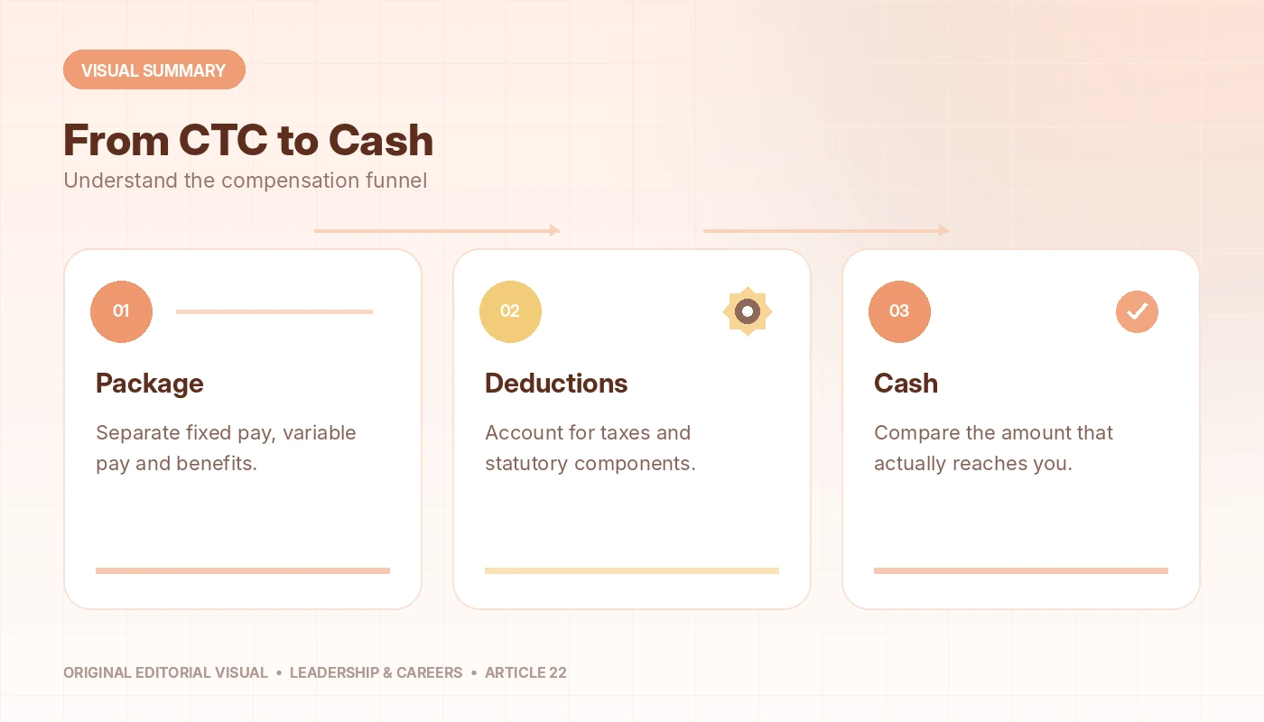 Visual summary of CTC vs Take Home, connecting package, deductions, cash.