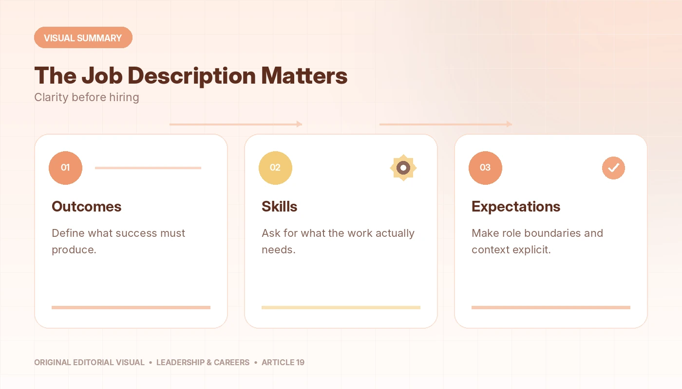 Visual summary of JD: The Most Neglected Piece in the Hiring Process, connecting outcomes, skills, expectations.