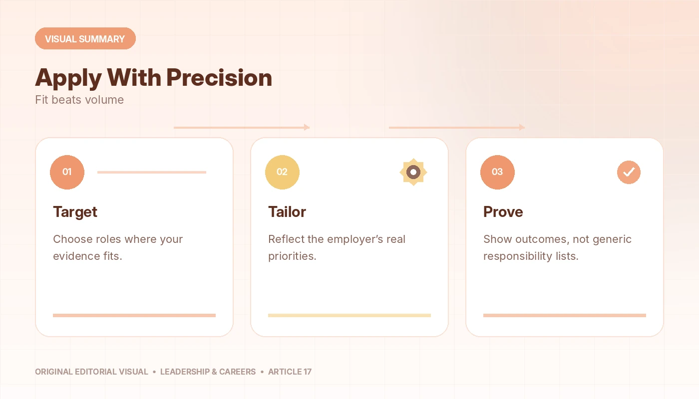 Visual summary of Big Mistake Job Seekers Do, connecting target, tailor, prove.