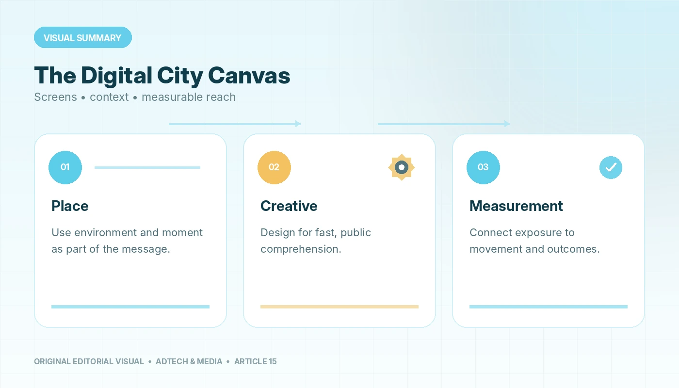 Visual summary of DOOH (Digital Out-of-Home) Advertising, connecting place, creative, measurement.