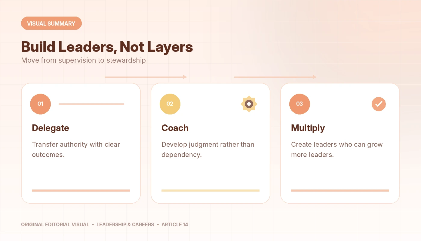 Visual summary of Managing Managers to Leading Leaders, connecting delegate, coach, multiply.
