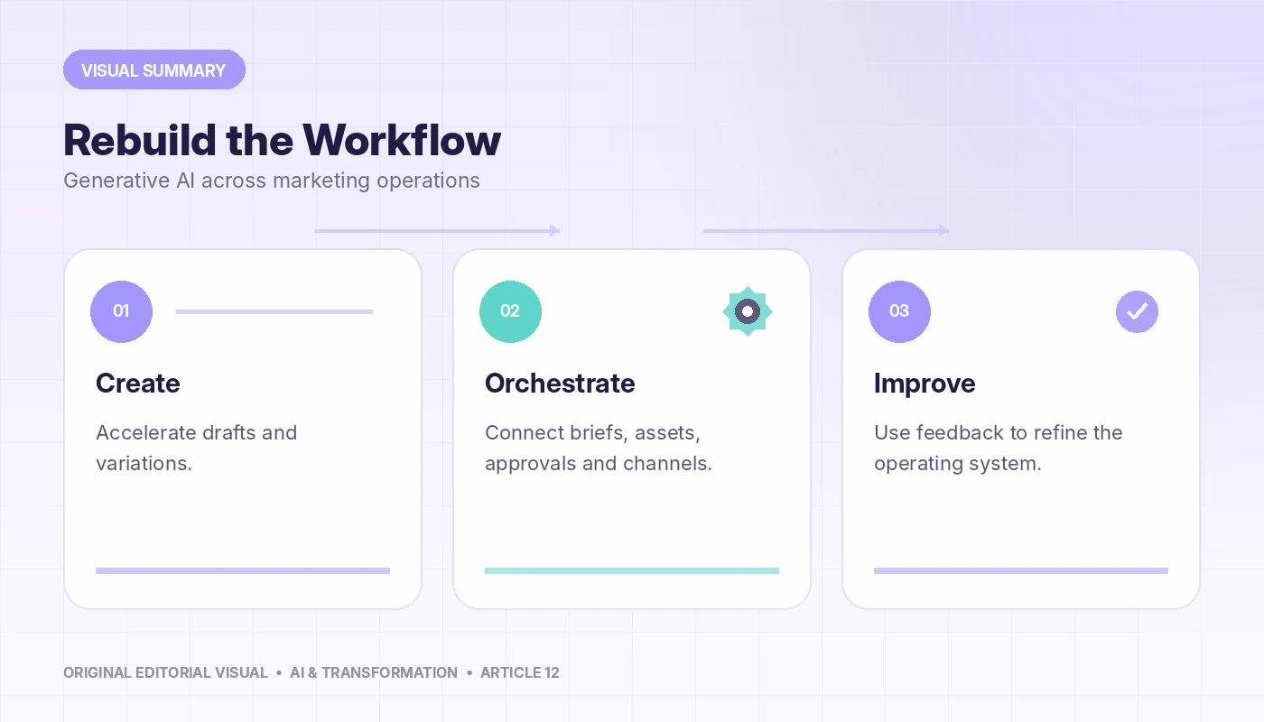 Visual summary of The Transformative Impact of Generative AI on Marketing Operations: A Comprehensive Deep Dive, connecting create, orchestrate, improve.