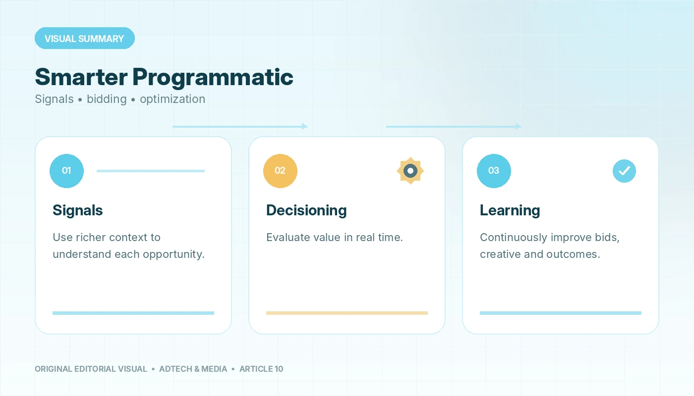Visual summary of How AI Can Revolutionize Programmatic Advertising: A Deep Dive with Case Studies and Tools, connecting signals, decisioning, learning.