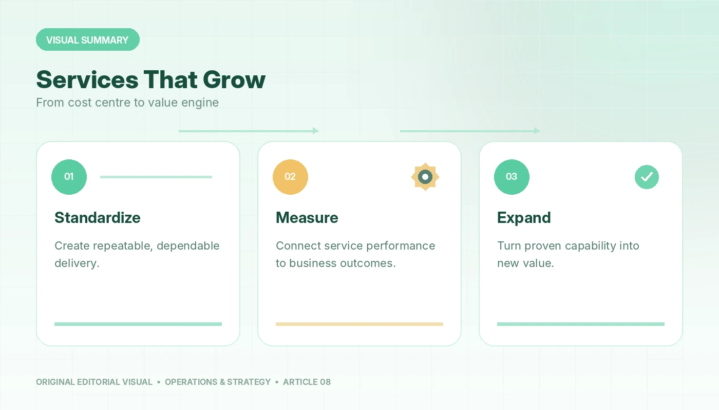 Visual summary of How to Transform Managed Services into a Business Growth Engine, connecting standardize, measure, expand.