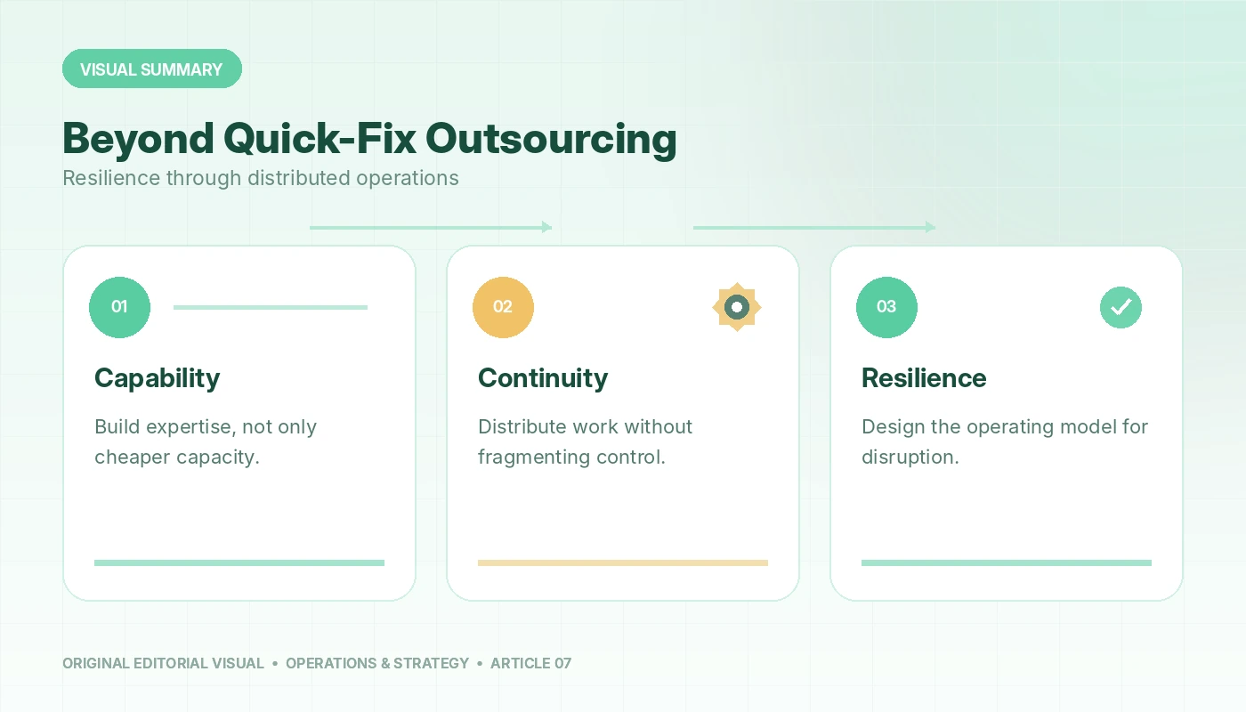 Visual summary of Outsourcing Is Not a Quick Fix: The Hidden Risks and Why Distributed Global Operations Are Better, connecting capability, continuity, resilience.