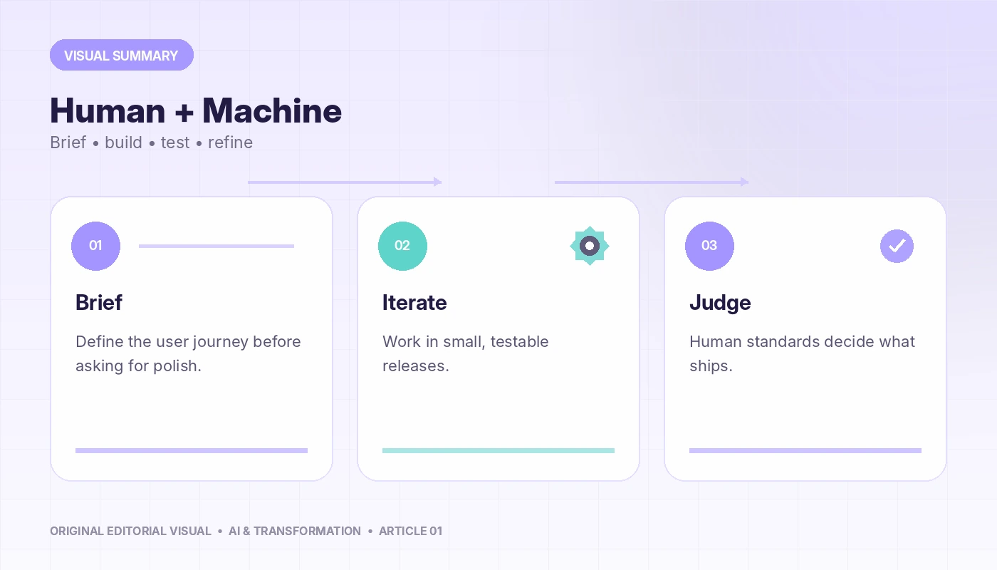 Visual summary of Building My Website with AI: A Real-World Lesson in Human–Machine Collaboration, connecting brief, iterate, judge.