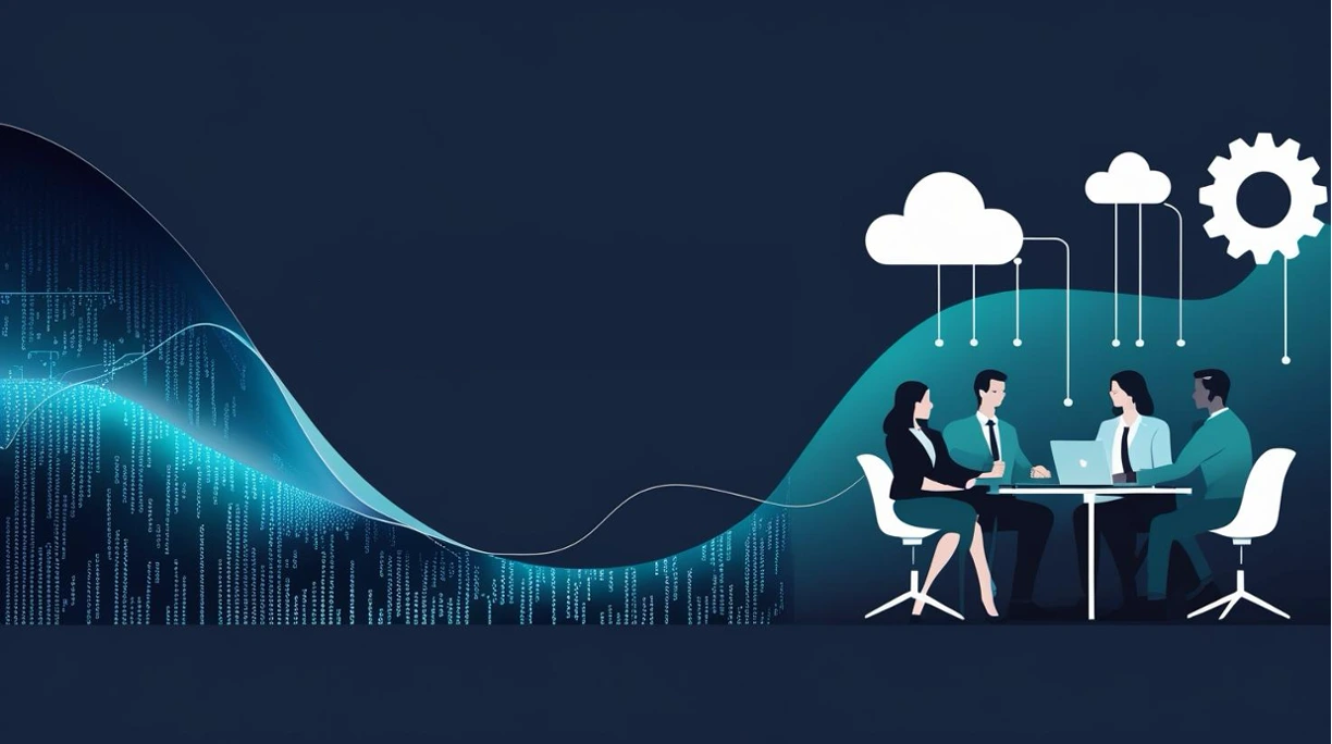 Illustration of a unified offshore team working through connected cloud systems.