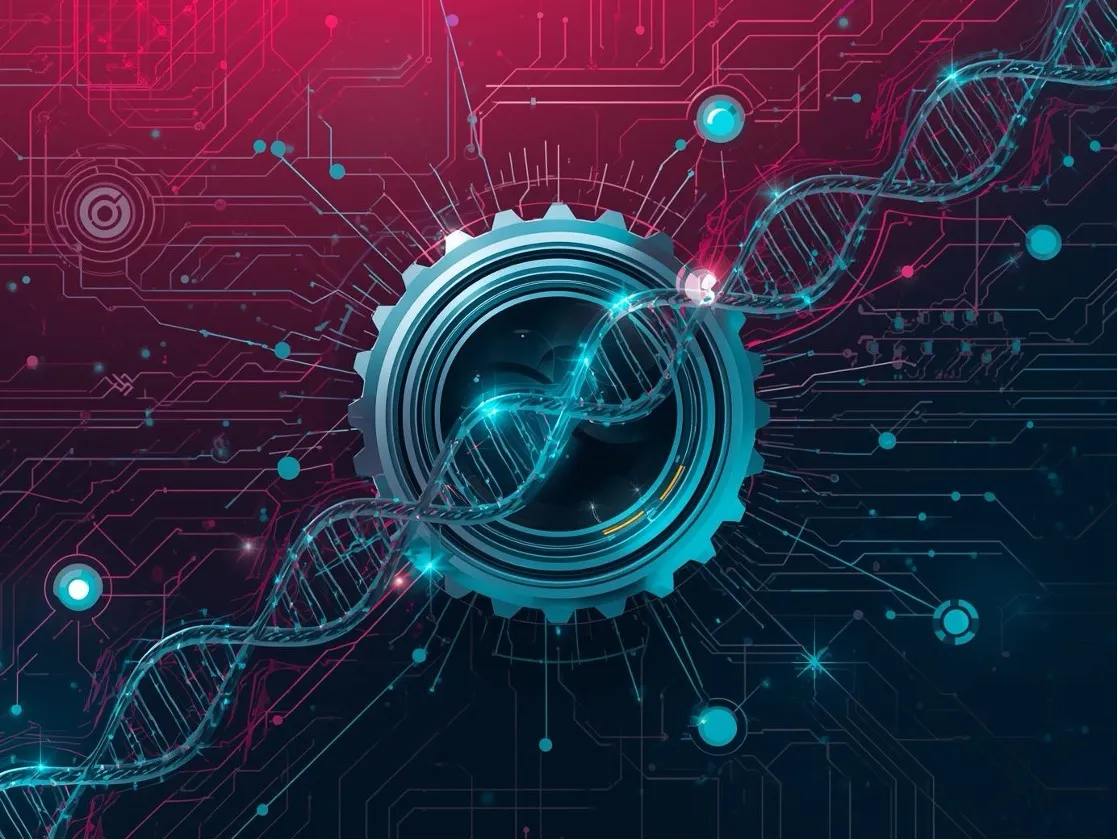 Digital DNA helix and gear representing a pharmaceutical MarTech transformation.