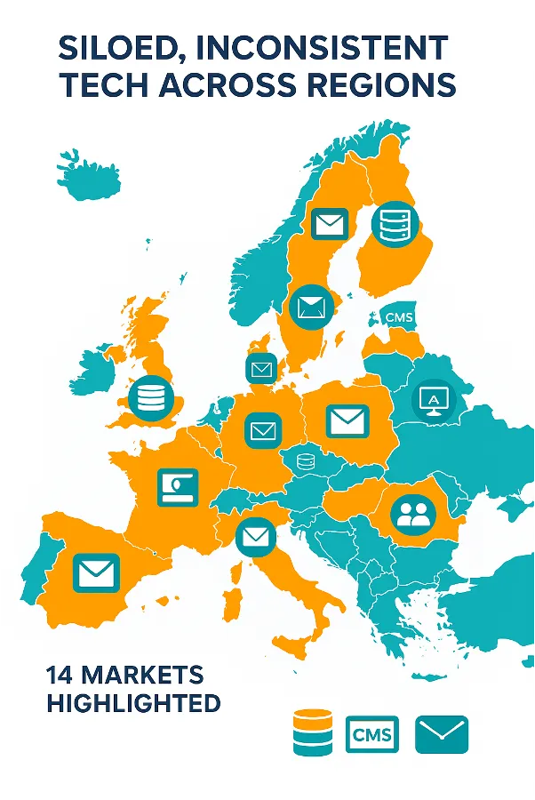 Figure 1: The Pre-Transformation Landscape – A Siloed and Fragmented MarTech Ecosystem Across 14 European Markets. data was trapped in disparate systems, making it impossible to build a single view of the customer or understand their journey across touchpoints.