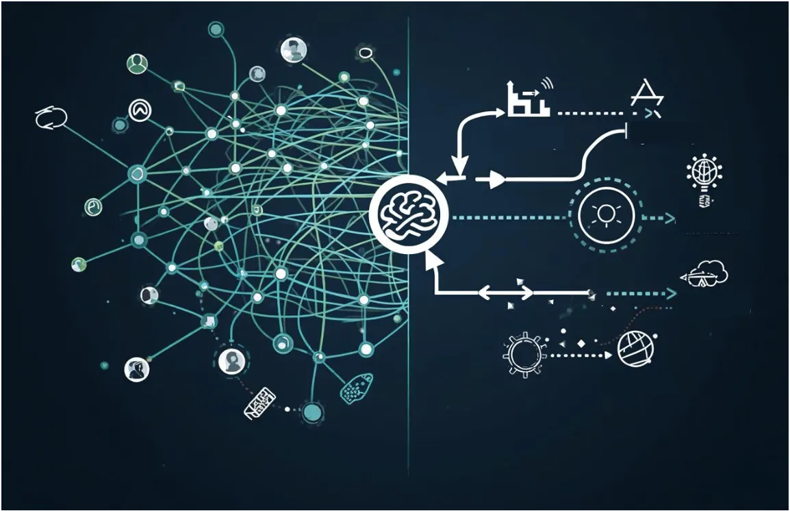 Illustration of complex networks becoming an organized intelligent operating system.