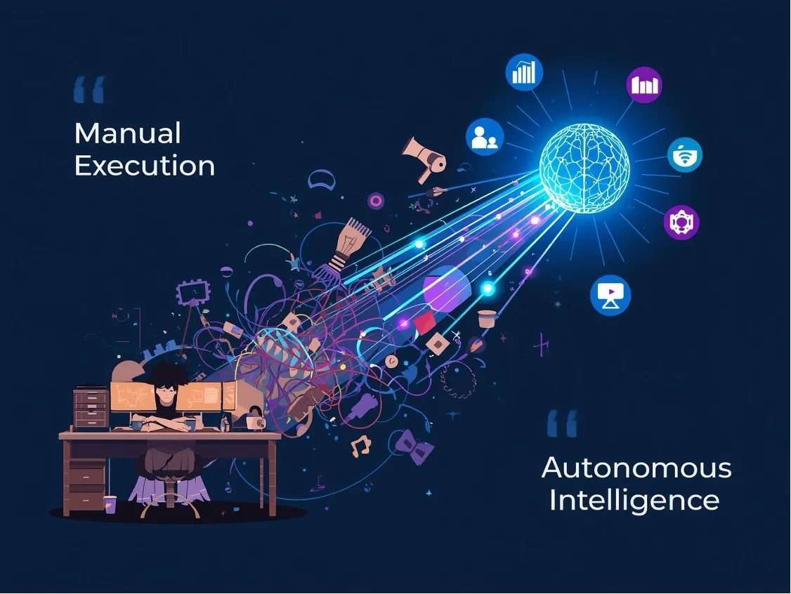 Illustration contrasting manual campaign execution with autonomous intelligence.