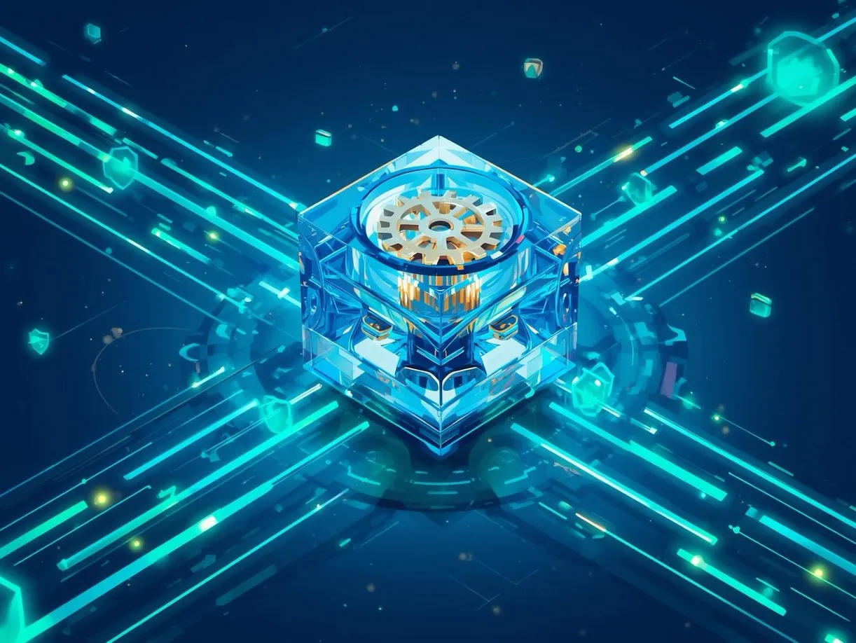 A blue transparent cube and precision gear representing quality assurance.