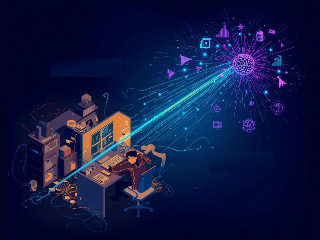 Illustration of a technical operations environment transitioning into a connected digital ecosystem.