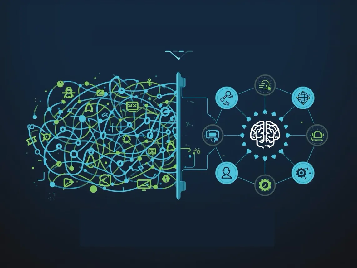 Illustration showing a transition from operational complexity to an organized system.