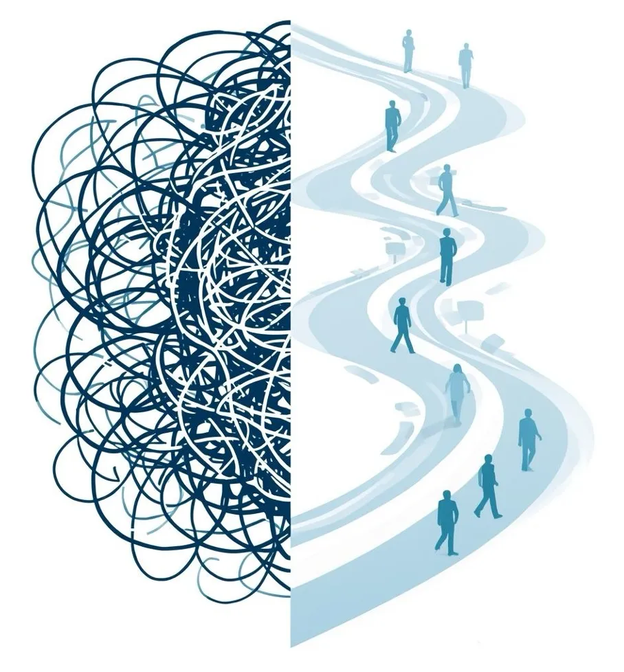 Illustration contrasting tangled work allocation with a clear and fair path.