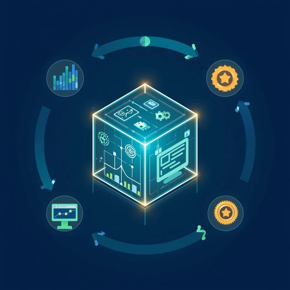 Illustration of a digital monetization engine surrounded by performance indicators.