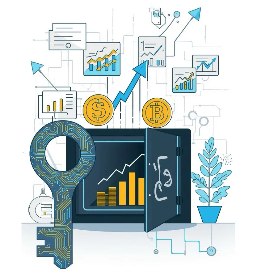 Illustration of a digital key unlocking analytics and publishing revenue.