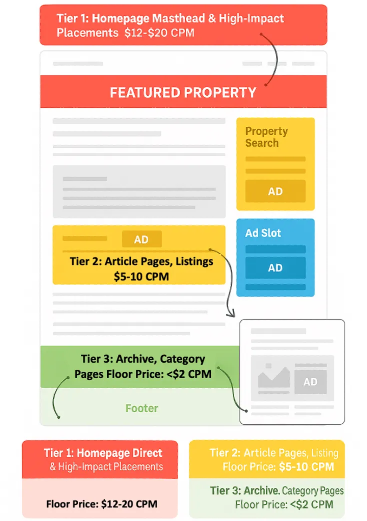 Inventory segmentation and floor-pricing tiers across homepage, article, category, and high-impact placements.