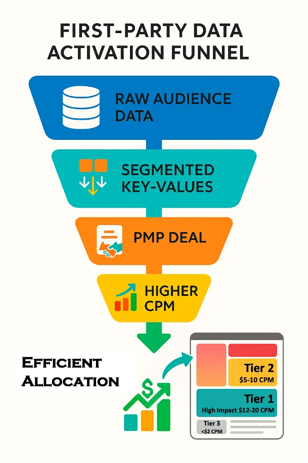 First-party data activation funnel from raw audience data and segmented key-values to PMP deals and higher CPMs.