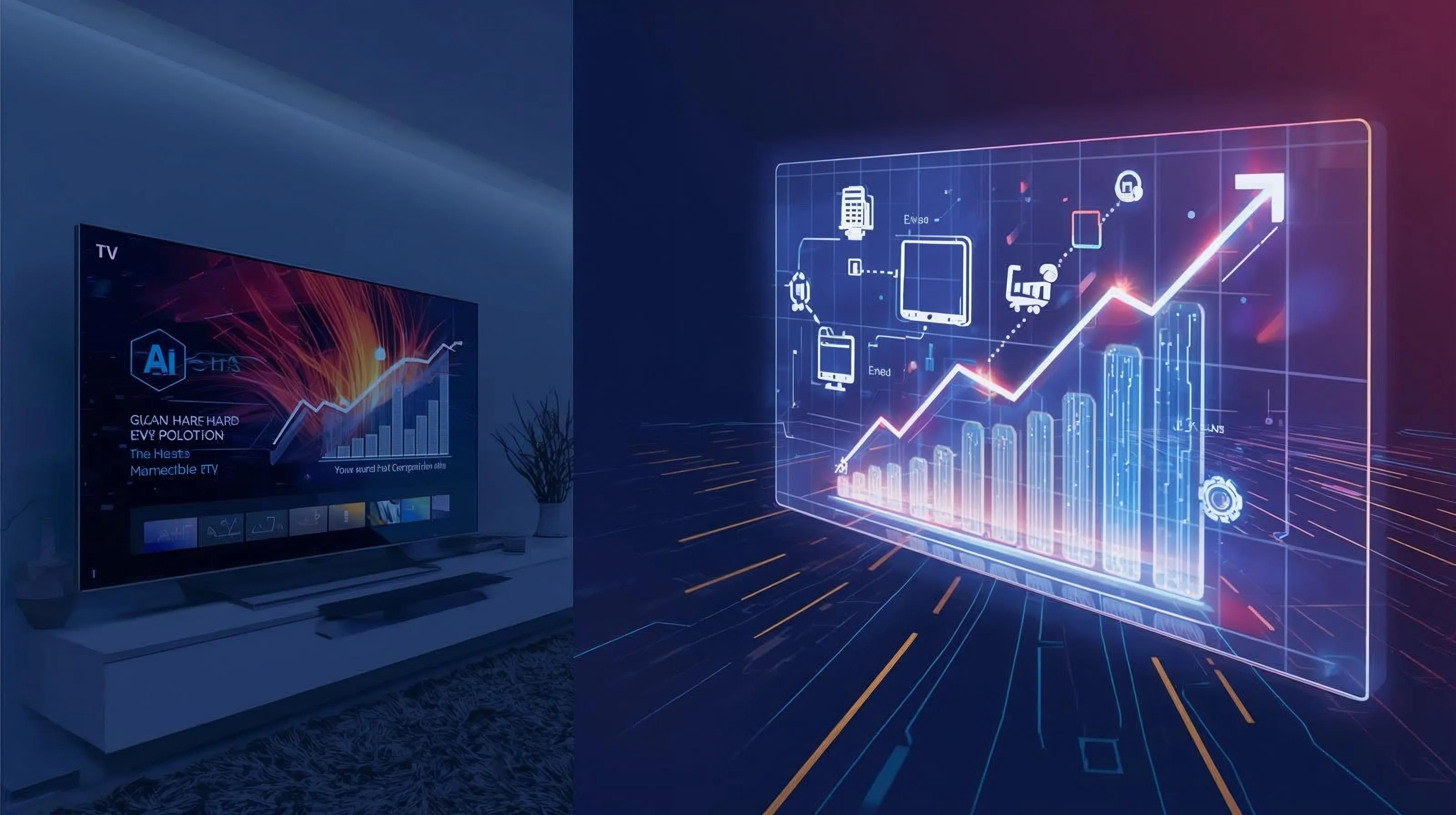 Connected TV screen and an illuminated market-growth dashboard.